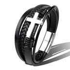 Charm Stainless Steel Leather Cross  Brown/black Bracelet Men Hiphop Jewelry Magnetic Clasp Mutilayer Male Cuff Wrap Bangle Gift Usedleon
