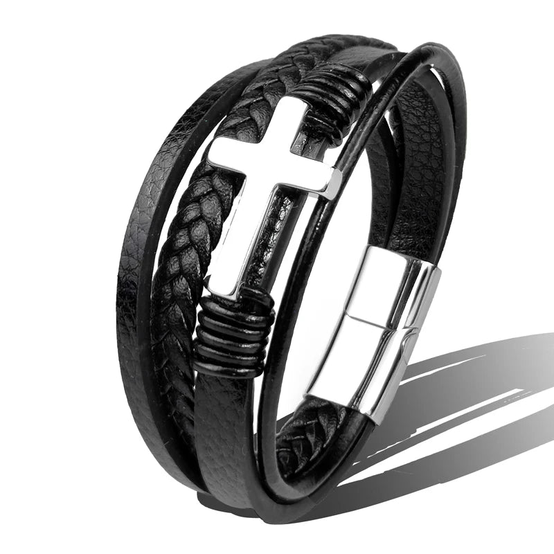 Charm Stainless Steel Leather Cross  Brown/black Bracelet Men Hiphop Jewelry Magnetic Clasp Mutilayer Male Cuff Wrap Bangle Gift Usedleon