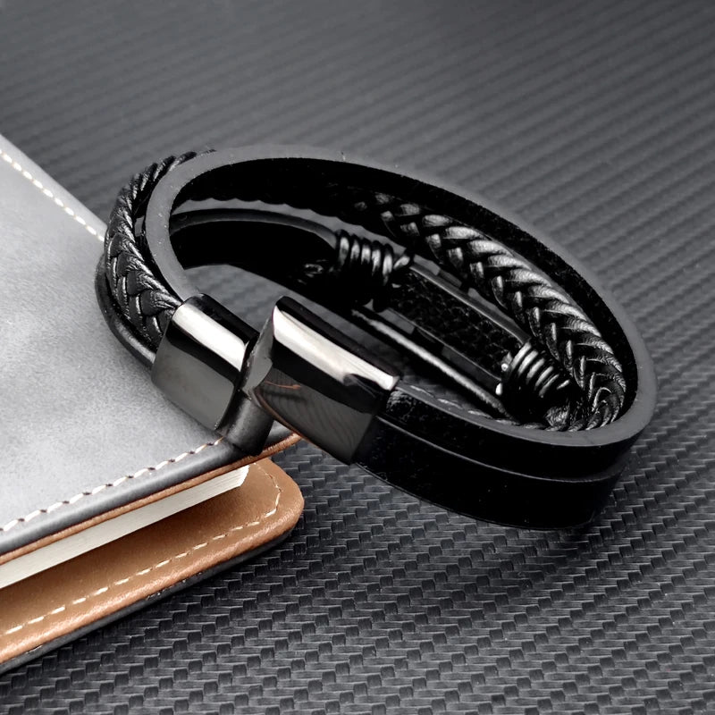 Charm Stainless Steel Leather Cross  Brown/black Bracelet Men Hiphop Jewelry Magnetic Clasp Mutilayer Male Cuff Wrap Bangle Gift Usedleon