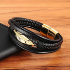 XQNI Multi-layer Leather Feather Shape Accessories Men's Bracelet Stainless Steel Leather Bracelet For Special Birthday Present Usedleon