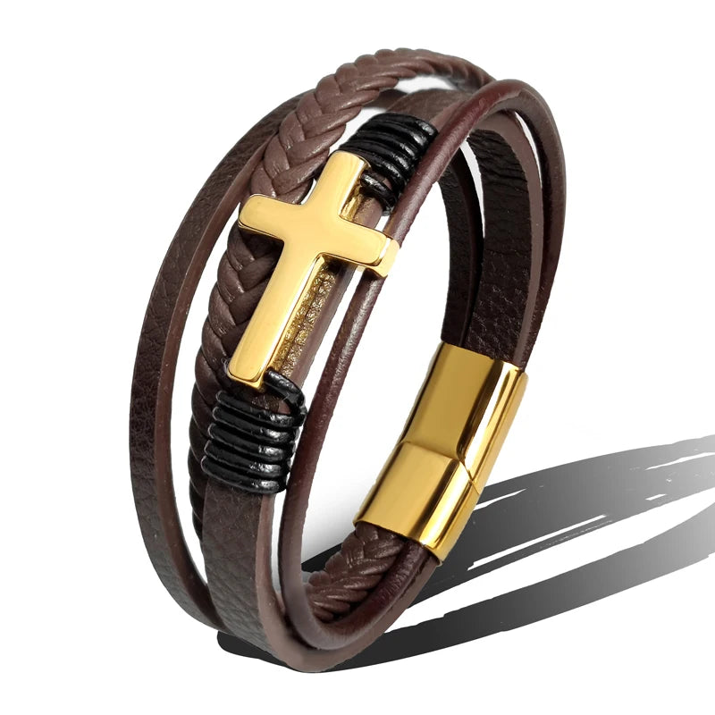 Charm Stainless Steel Leather Cross  Brown/black Bracelet Men Hiphop Jewelry Magnetic Clasp Mutilayer Male Cuff Wrap Bangle Gift Usedleon