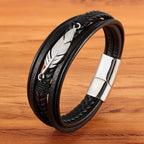 XQNI Multi-layer Leather Feather Shape Accessories Men's Bracelet Stainless Steel Leather Bracelet For Special Birthday Present Usedleon