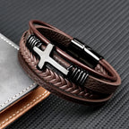 Charm Stainless Steel Leather Cross  Brown/black Bracelet Men Hiphop Jewelry Magnetic Clasp Mutilayer Male Cuff Wrap Bangle Gift Usedleon