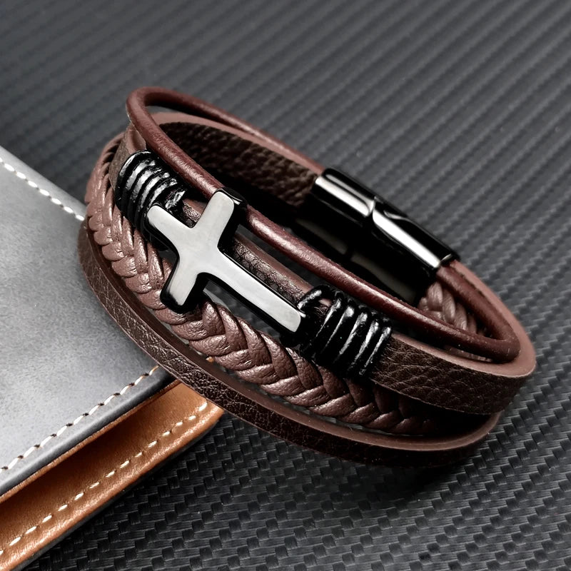 Charm Stainless Steel Leather Cross  Brown/black Bracelet Men Hiphop Jewelry Magnetic Clasp Mutilayer Male Cuff Wrap Bangle Gift Usedleon