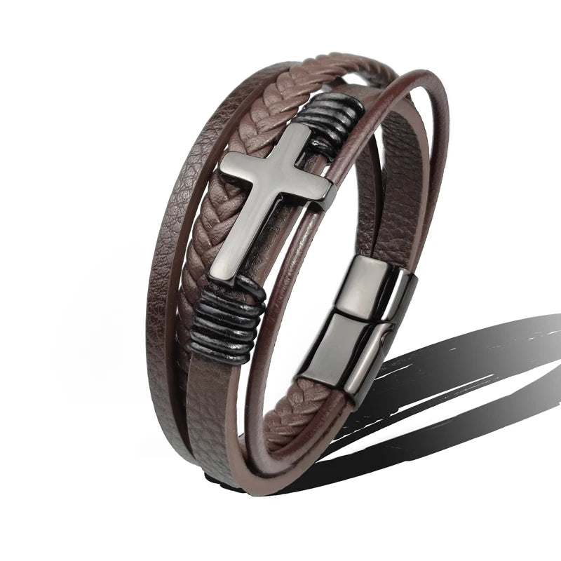 Charm Stainless Steel Leather Cross  Brown/black Bracelet Men Hiphop Jewelry Magnetic Clasp Mutilayer Male Cuff Wrap Bangle Gift Usedleon