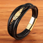 XQNI Multi-layer Leather Feather Shape Accessories Men's Bracelet Stainless Steel Leather Bracelet For Special Birthday Present Usedleon