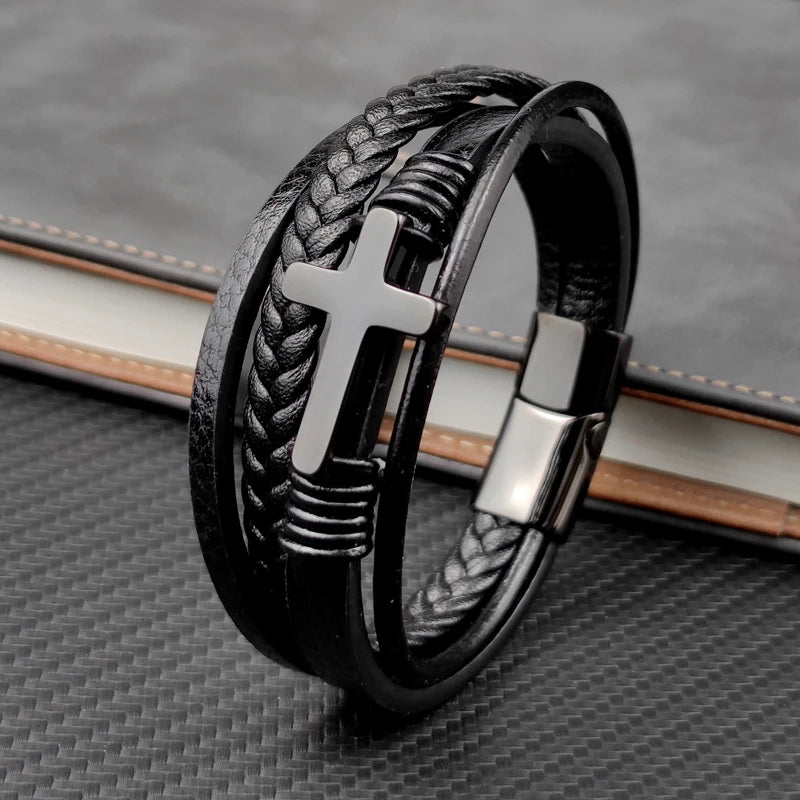 Charm Stainless Steel Leather Cross  Brown/black Bracelet Men Hiphop Jewelry Magnetic Clasp Mutilayer Male Cuff Wrap Bangle Gift Usedleon