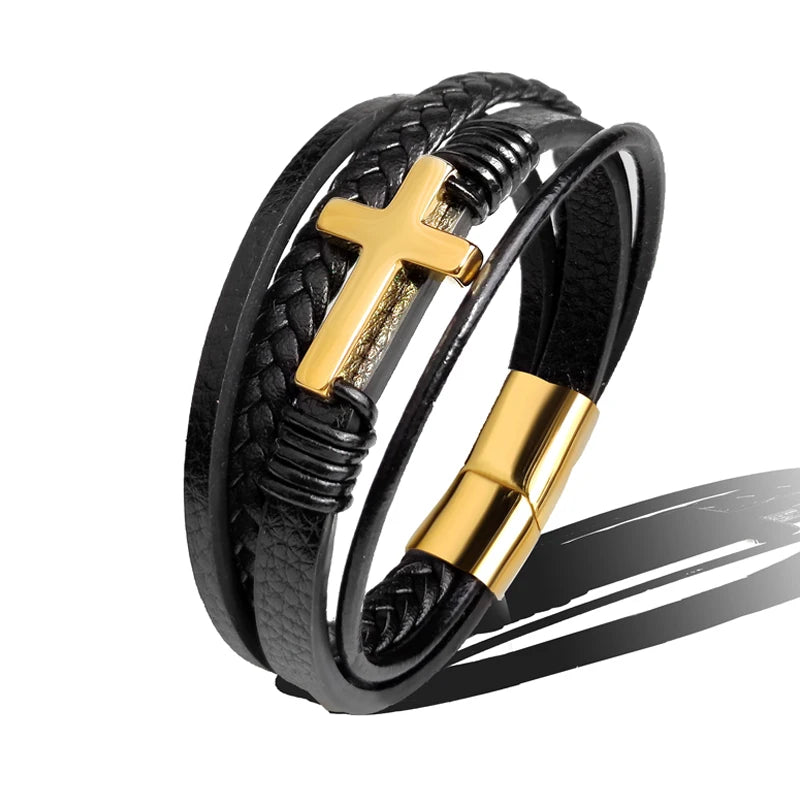 Charm Stainless Steel Leather Cross  Brown/black Bracelet Men Hiphop Jewelry Magnetic Clasp Mutilayer Male Cuff Wrap Bangle Gift Usedleon