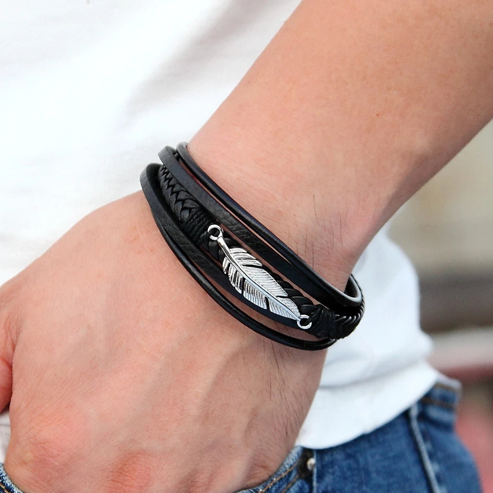 XQNI Multi-layer Leather Feather Shape Accessories Men's Bracelet Stainless Steel Leather Bracelet For Special Birthday Present Usedleon