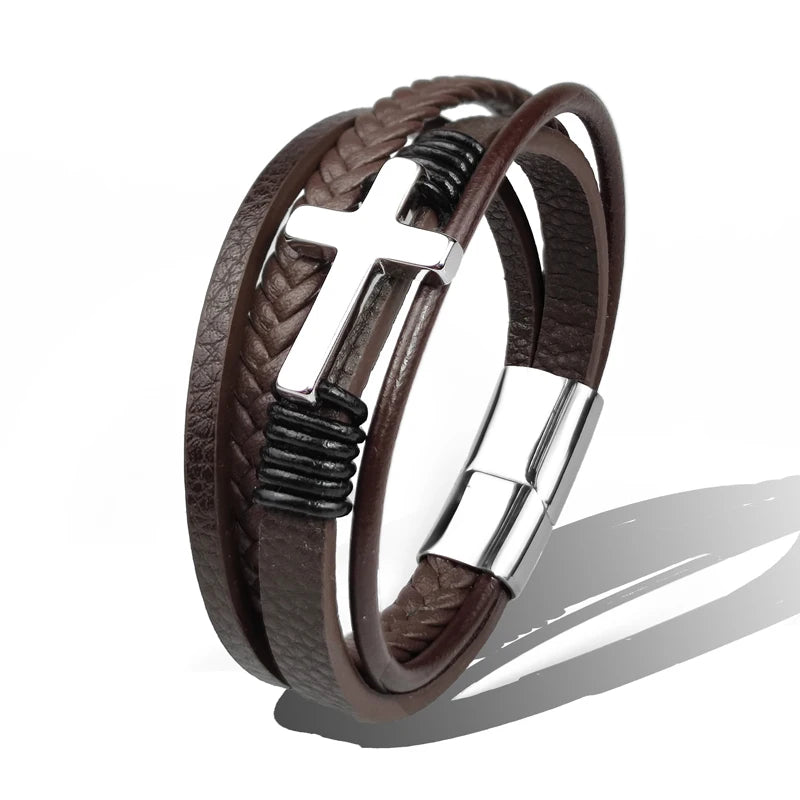 Charm Stainless Steel Leather Cross  Brown/black Bracelet Men Hiphop Jewelry Magnetic Clasp Mutilayer Male Cuff Wrap Bangle Gift Usedleon