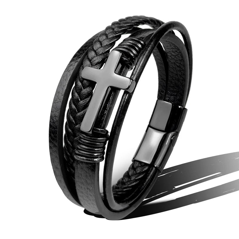 Charm Stainless Steel Leather Cross  Brown/black Bracelet Men Hiphop Jewelry Magnetic Clasp Mutilayer Male Cuff Wrap Bangle Gift Usedleon