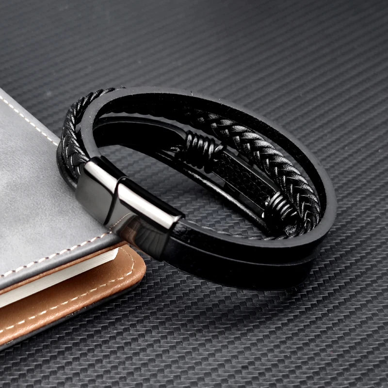 Charm Stainless Steel Leather Cross  Brown/black Bracelet Men Hiphop Jewelry Magnetic Clasp Mutilayer Male Cuff Wrap Bangle Gift Usedleon