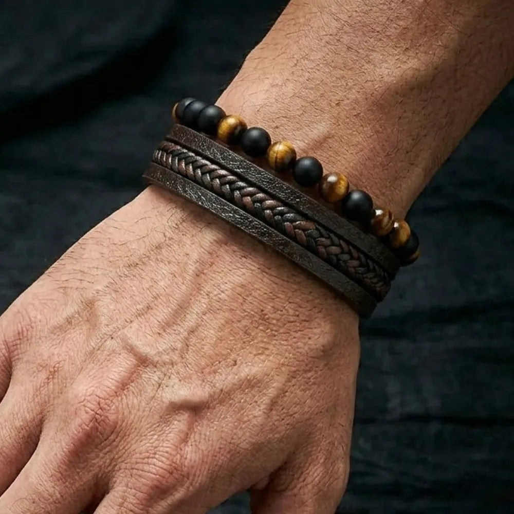 Pulseira Masculina de Couro Legítimo com Pedras Naturais Usedleon