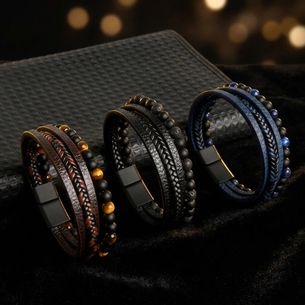 Pulseira Masculina de Couro Legítimo com Pedras Naturais Usedleon