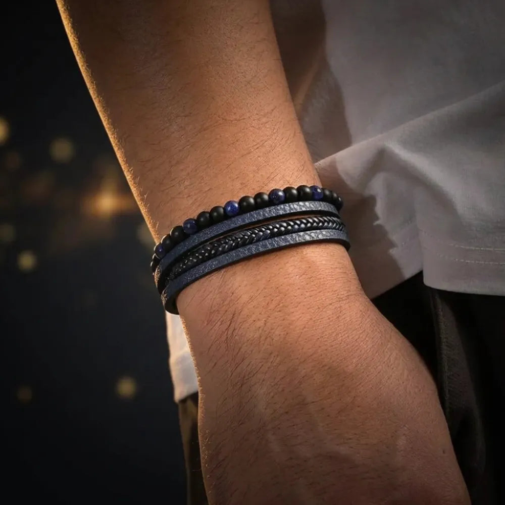 Pulseira Masculina de Couro Legítimo com Pedras Naturais Usedleon