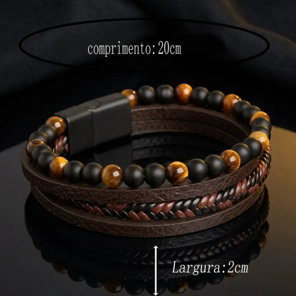 Pulseira Masculina de Couro Legítimo com Pedras Naturais Usedleon