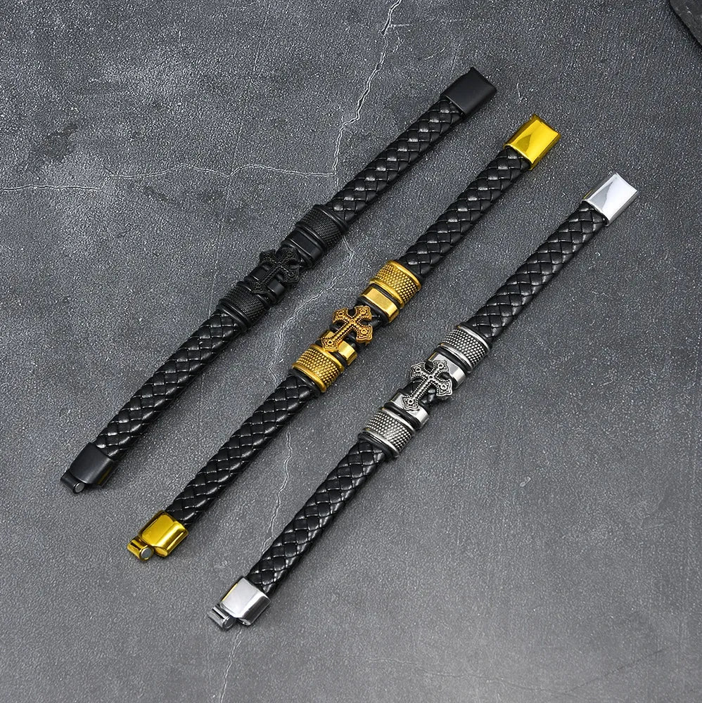 Pulseira Masculina Imperial Cross em Couro e Aço Usedleon