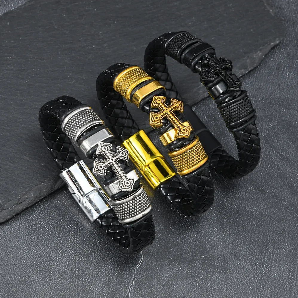 Pulseira Masculina Imperial Cross em Couro e Aço Usedleon