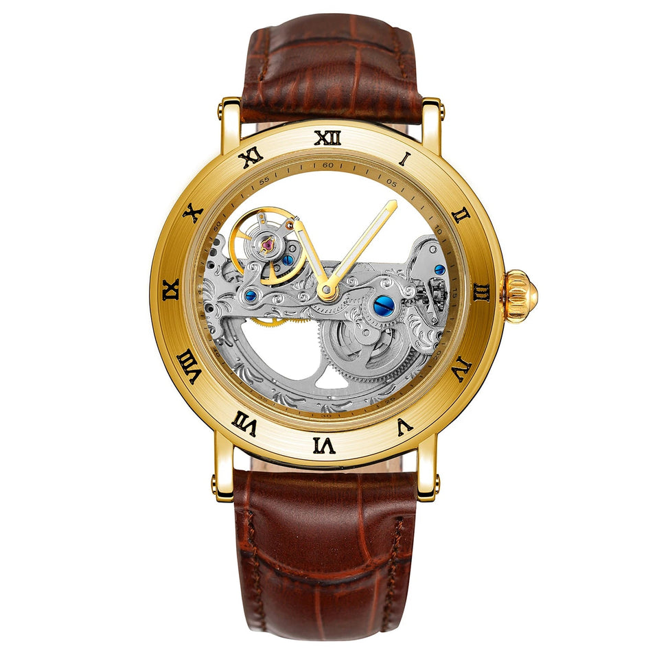Vintage Mechanical Watches Golden Bridge Skeleton Automatic Mens Watch Luxury Genuine Leather Belt Carved Movement Luminous Hand Usedleon