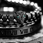3pcs/set Classical Handmade Braiding Bracelet  Hip Hop Men Pave CZ Leopard Head Roman Numeral Bracelet Stainless Steel Jewelry Usedleon