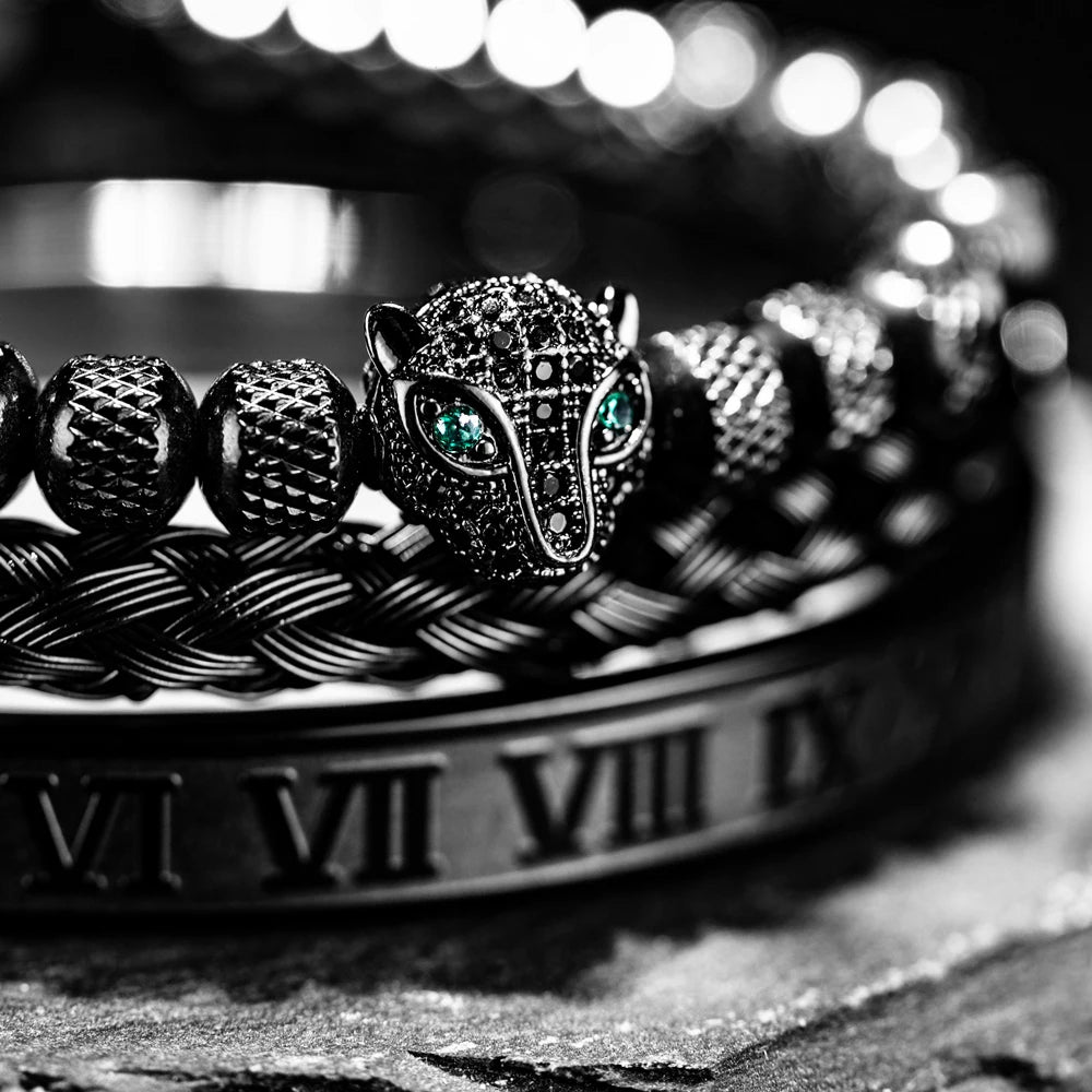 3pcs/set Classical Handmade Braiding Bracelet  Hip Hop Men Pave CZ Leopard Head Roman Numeral Bracelet Stainless Steel Jewelry Usedleon