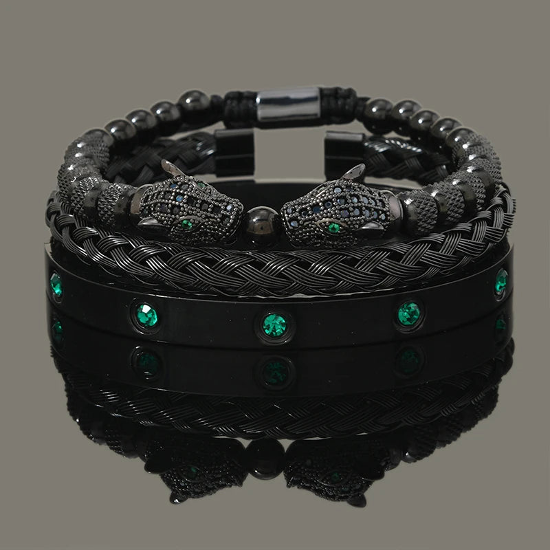 Luxury Set Green Eye Leopard Head Charm Handmade Man Bracelet Crystals Women Stainless Steel Bangles Jewelry Usedleon