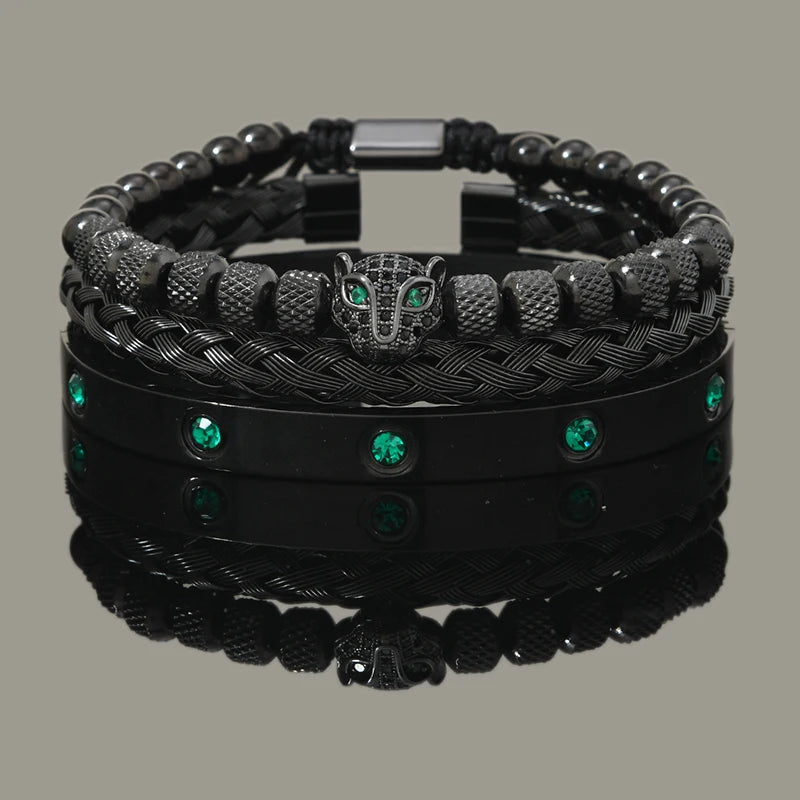 Luxury Set Green Eye Leopard Head Charm Handmade Man Bracelet Crystals Women Stainless Steel Bangles Jewelry Usedleon