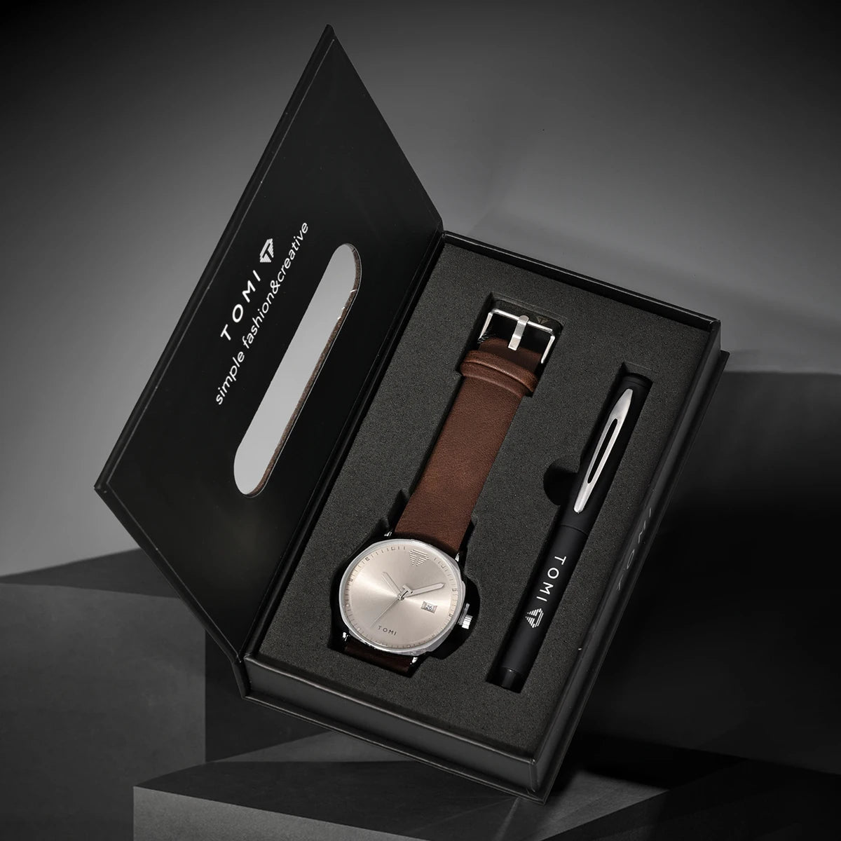 TOMI New 2PCS Luxury Business Men Watch Gift Box Set Simple and Casual Men Calendar Quartz Watch Pen Reloj Men Holiday Gift Usedleon