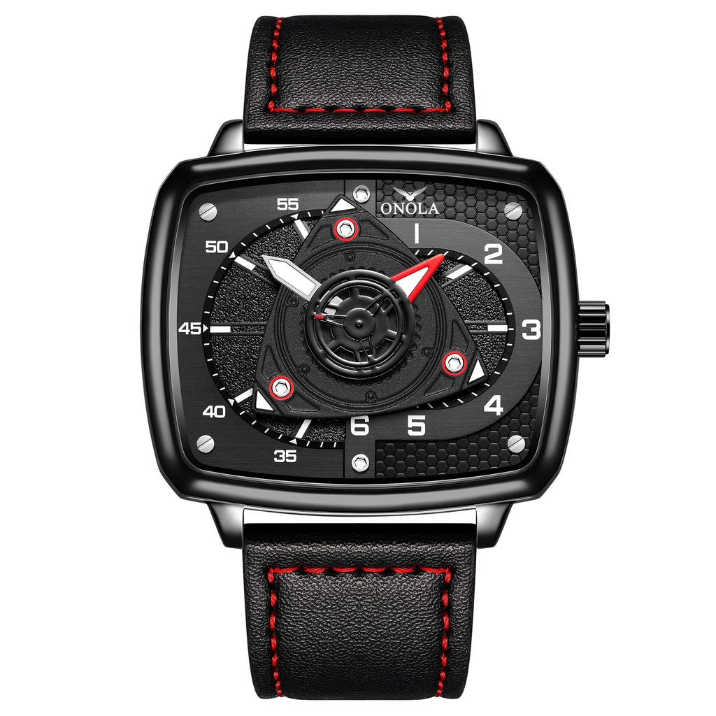 ONOLA Men's Quartz Watch Black Red Racing Style Square Dial Watch Black Leather Strap Waterproof Night Light Fashion Watch Usedleon