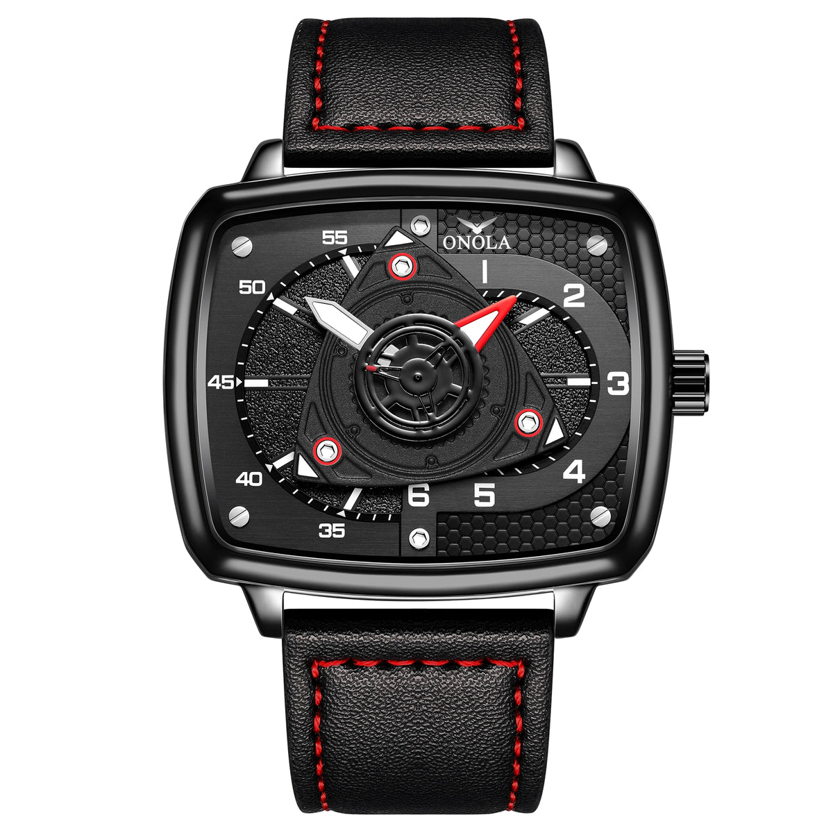 ONOLA Men's Quartz Watch Black Red Racing Style Square Dial Watch Black Leather Strap Waterproof Night Light Fashion Watch Usedleon