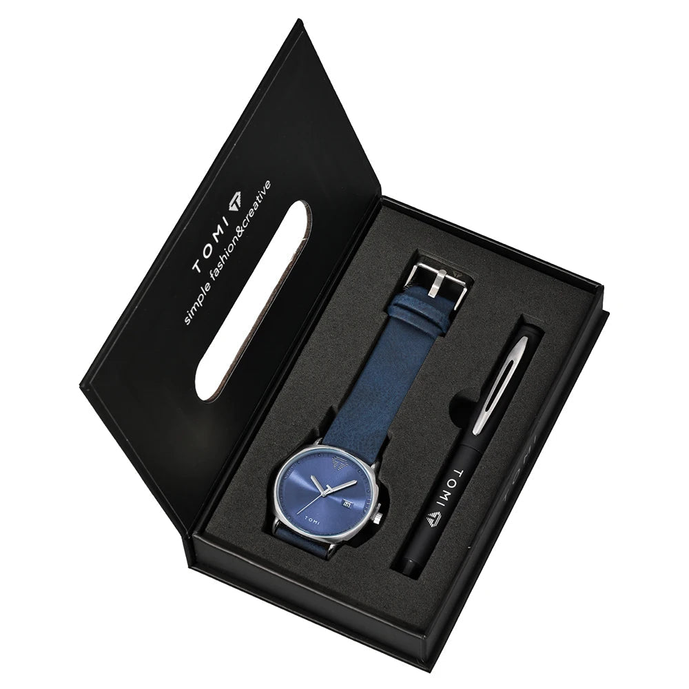 TOMI New 2PCS Luxury Business Men Watch Gift Box Set Simple and Casual Men Calendar Quartz Watch Pen Reloj Men Holiday Gift Usedleon