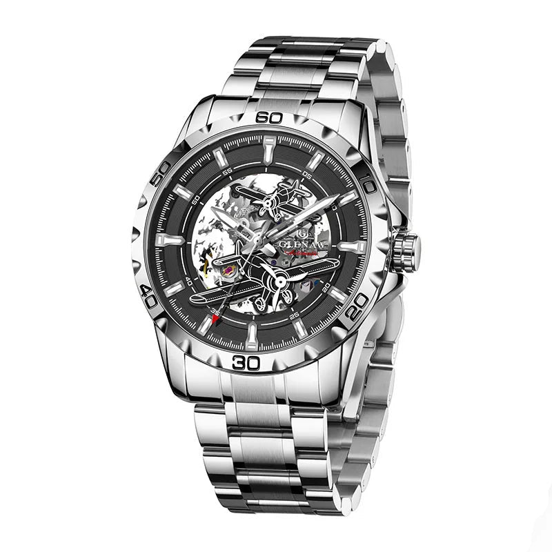 GLENAW New Pilot Series Men Watches Hollow Luxury Automatic Mechanical Watches Luminous waterproof Stainless Steel Strap Watch Usedleon