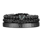 3pcs/set Classical Handmade Braiding Bracelet  Hip Hop Men Pave CZ Leopard Head Roman Numeral Bracelet Stainless Steel Jewelry Usedleon