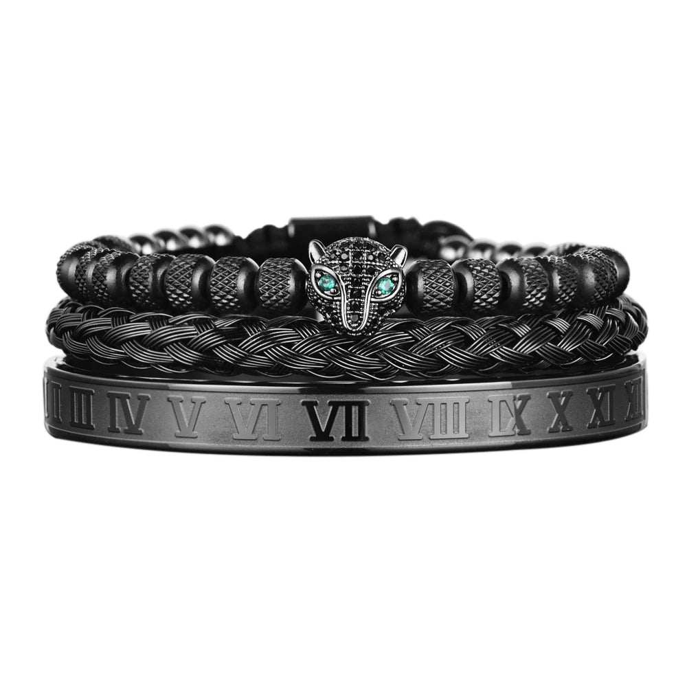 3pcs/set Classical Handmade Braiding Bracelet  Hip Hop Men Pave CZ Leopard Head Roman Numeral Bracelet Stainless Steel Jewelry Usedleon