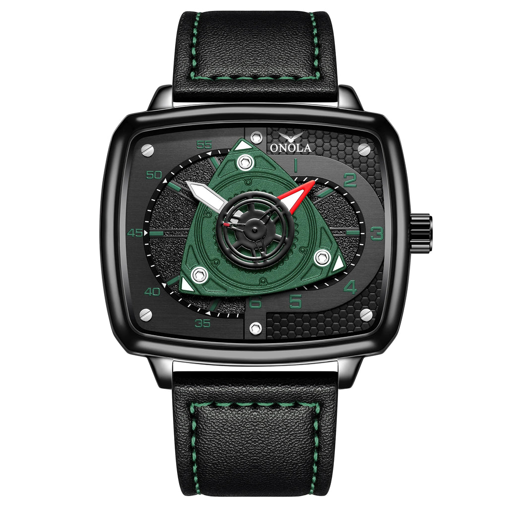 ONOLA Men's Quartz Watch Black Red Racing Style Square Dial Watch Black Leather Strap Waterproof Night Light Fashion Watch Usedleon