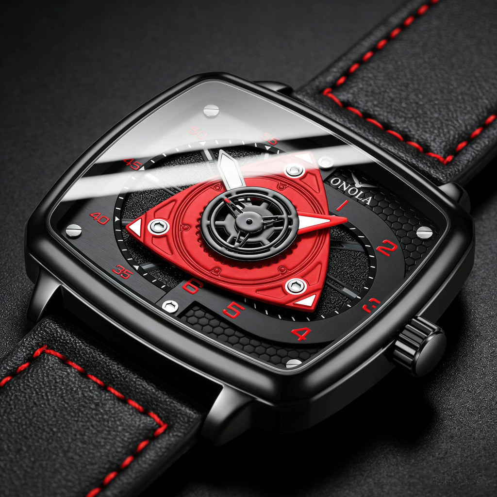 ONOLA Men's Quartz Watch Black Red Racing Style Square Dial Watch Black Leather Strap Waterproof Night Light Fashion Watch Usedleon