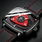 ONOLA Men's Quartz Watch Black Red Racing Style Square Dial Watch Black Leather Strap Waterproof Night Light Fashion Watch Usedleon