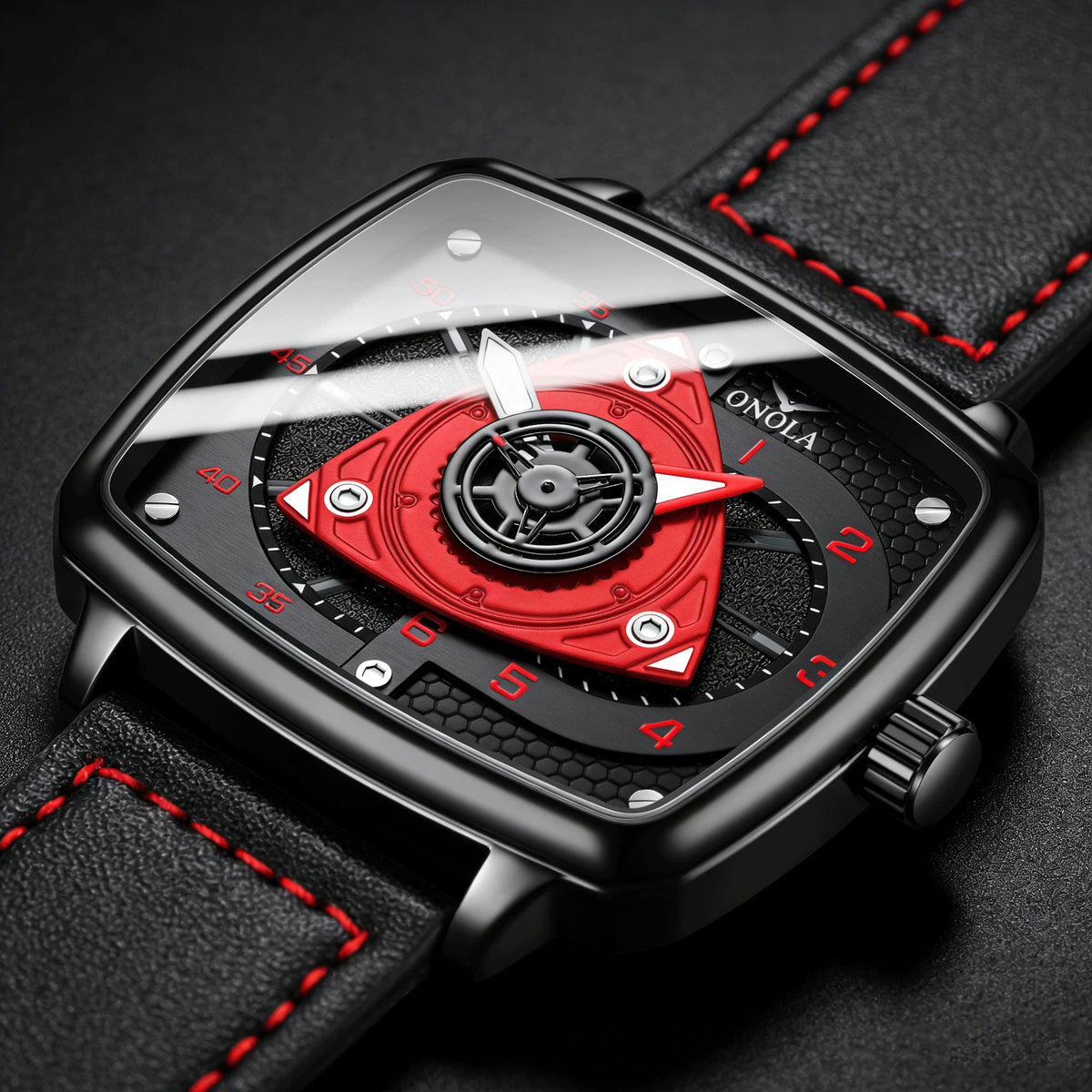ONOLA Men's Quartz Watch Black Red Racing Style Square Dial Watch Black Leather Strap Waterproof Night Light Fashion Watch Usedleon