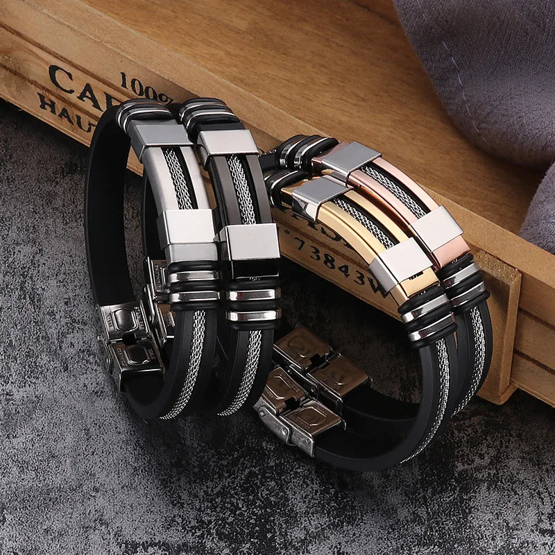 Fashion Stainless Steel Bracelets Men Wrist Band Black Grooved Rudder Silicone Mesh Link Insert Punk Wristband Casual Bangles Usedleon