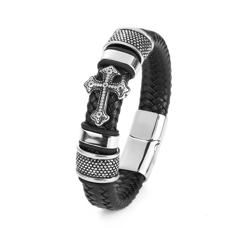 Dark Series Men's Leather Cross Bracelet New Fashion Hand-woven Rope Multi-layer Combination Stainless Steel Male Jewelry Gift Usedleon