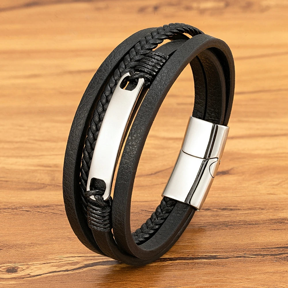 XQNI Multi-layer Braided Leather Wrap Bracelet Men Cool Trend Stainless Steel Casual Buckle Bracelet Jewelry Accessories Gift Usedleon