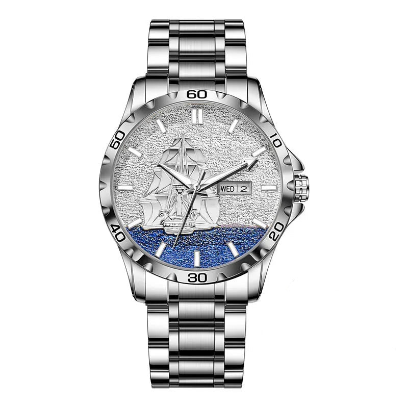 GLENAW Three Dimensional Sailing Dial Design Luxury Automatic Mechanical Watches Luminous waterproof Stainless Steel Strap Watch Usedleon