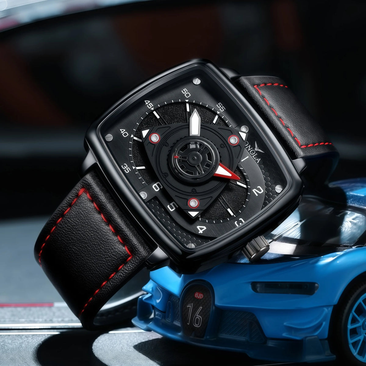 ONOLA Men's Quartz Watch Black Red Racing Style Square Dial Watch Black Leather Strap Waterproof Night Light Fashion Watch Usedleon