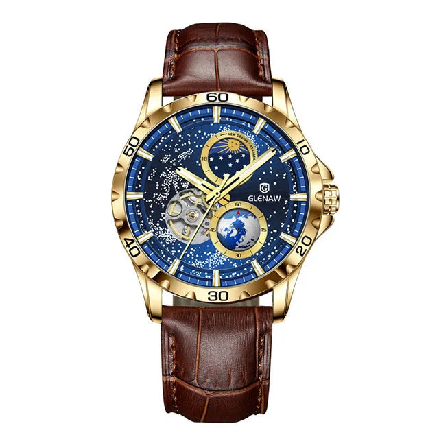 GLENAW Rotating Earth Double Second Hand WristWatch Men Automatic Mechanical Watch Starry Sky Stainless Steel Leather Watchband Usedleon
