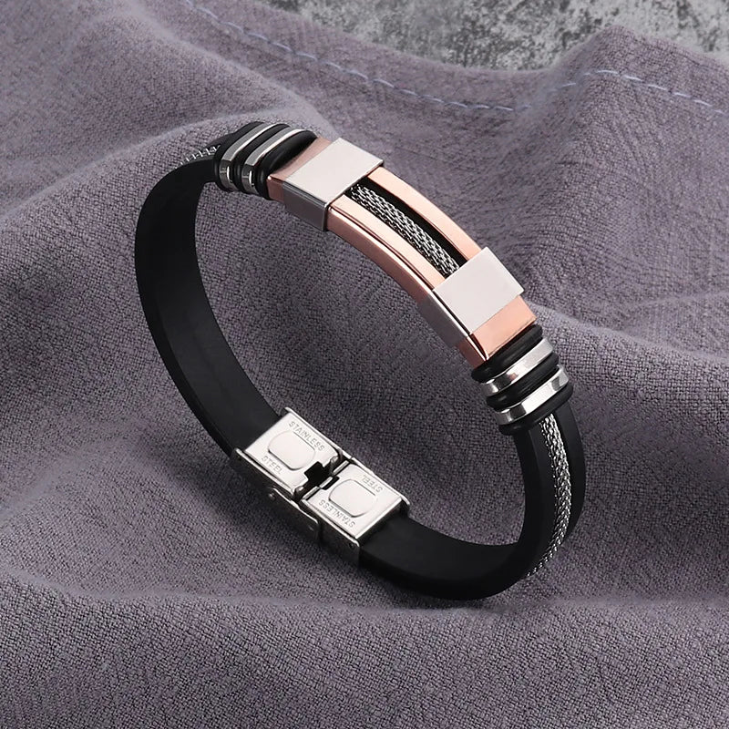 Fashion Stainless Steel Bracelets Men Wrist Band Black Grooved Rudder Silicone Mesh Link Insert Punk Wristband Casual Bangles Usedleon