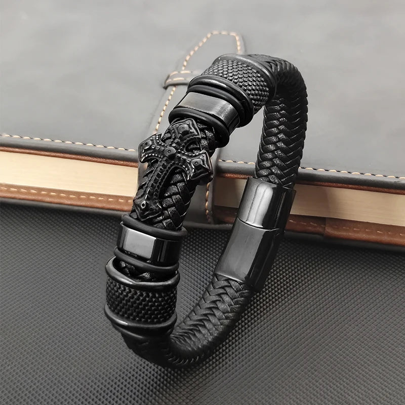 Dark Series Men's Leather Cross Bracelet New Fashion Hand-woven Rope Multi-layer Combination Stainless Steel Male Jewelry Gift Usedleon