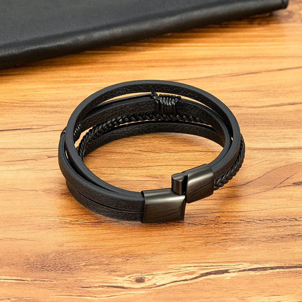 XQNI Multi-layer Braided Leather Wrap Bracelet Men Cool Trend Stainless Steel Casual Buckle Bracelet Jewelry Accessories Gift Usedleon