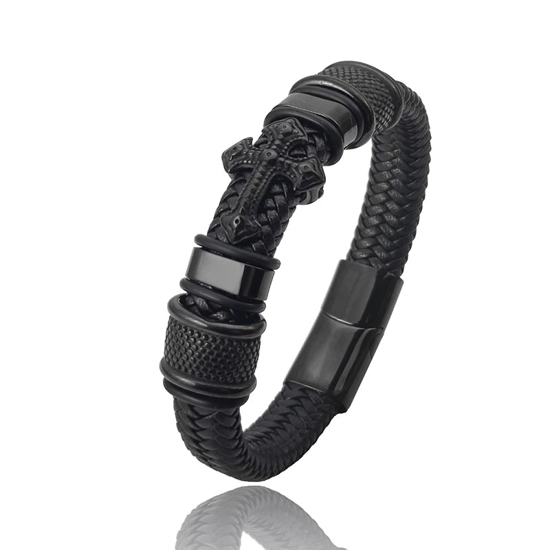 Dark Series Men's Leather Cross Bracelet New Fashion Hand-woven Rope Multi-layer Combination Stainless Steel Male Jewelry Gift Usedleon