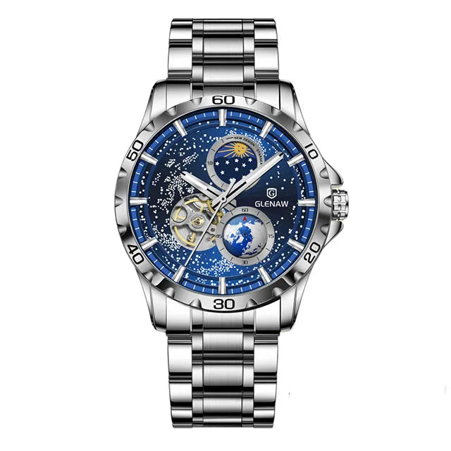 GLENAW Rotating Earth Double Second Hand WristWatch Men Automatic Mechanical Watch Starry Sky Stainless Steel Leather Watchband Usedleon