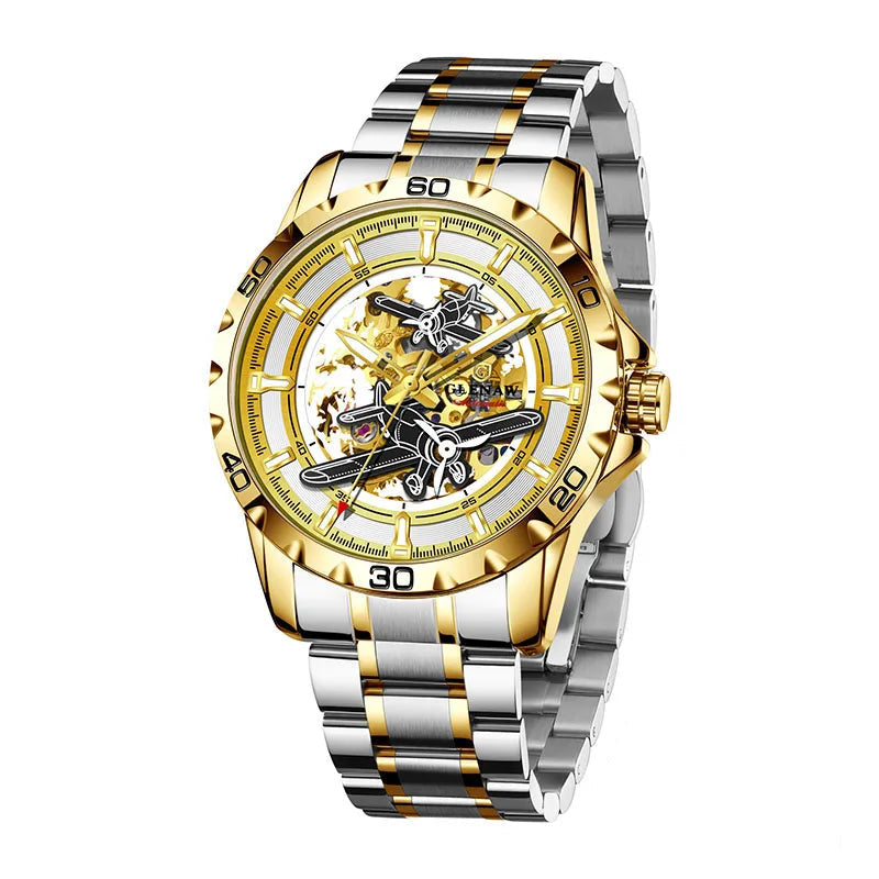 GLENAW New Pilot Series Men Watches Hollow Luxury Automatic Mechanical Watches Luminous waterproof Stainless Steel Strap Watch Usedleon